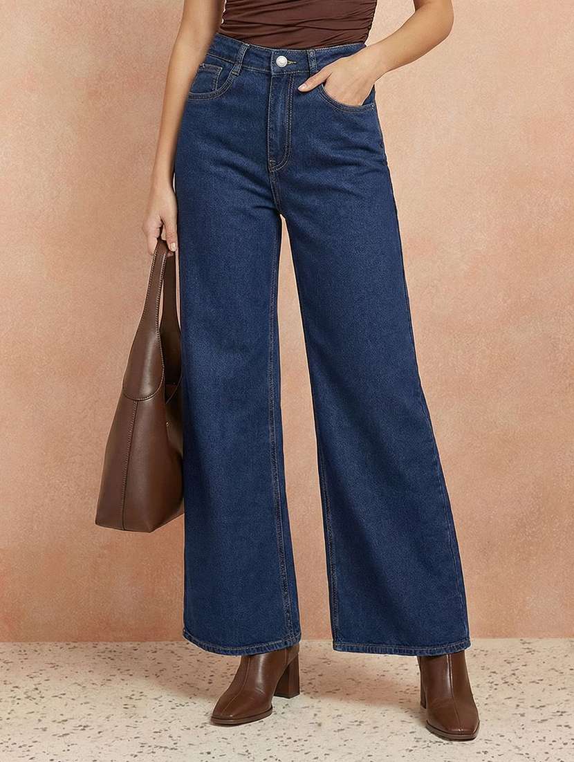 women solid high rise wide leg jeans