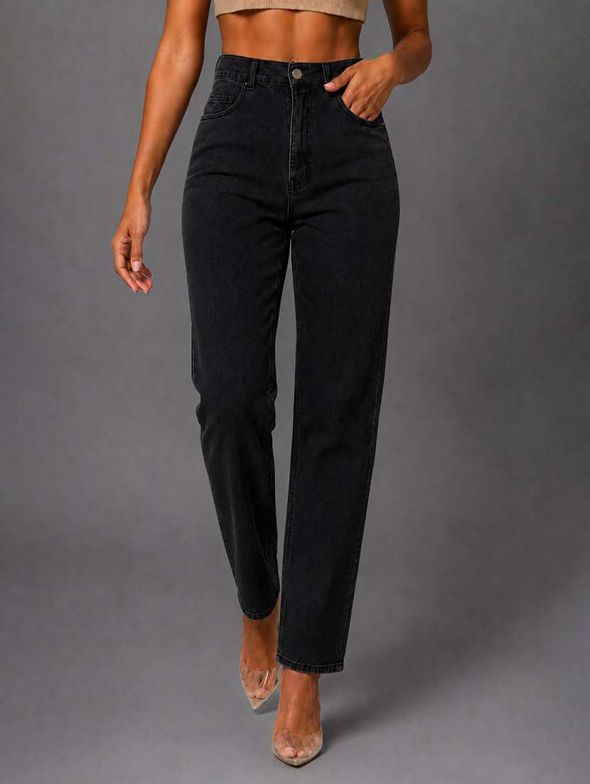 women solid high rise straight fit jeans