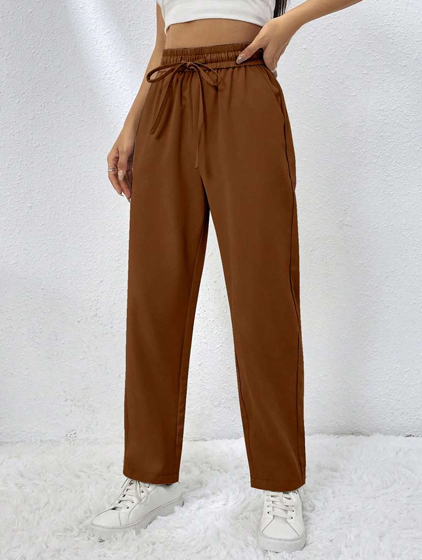 women solid high rise straight trouser