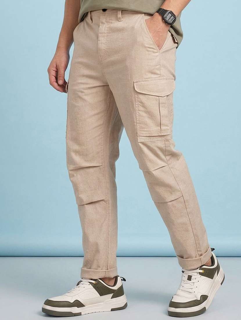 Men Solid Mid Rise Regular Fit Cargo Pant - 22570627 -  Standard Image - 2