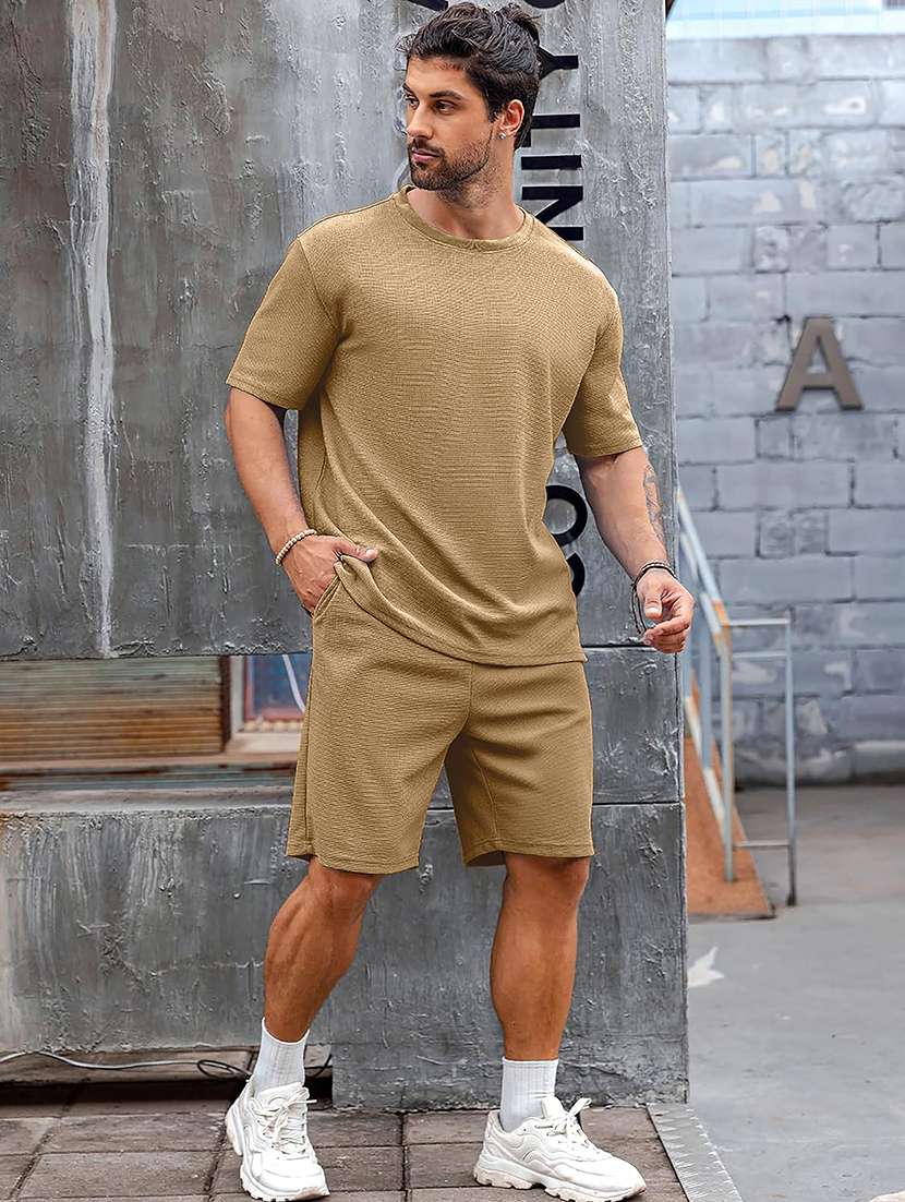 men textured short sleeves t-shirt and shorts co-ord set - 22570856 -  Standard Image - 2