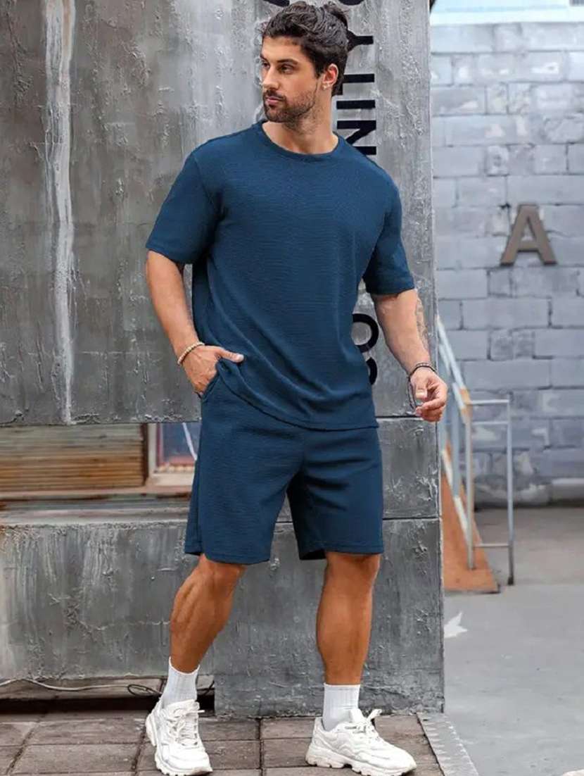 men textured short sleeves t-shirt and shorts co-ord set - 22570875 -  Standard Image - 2