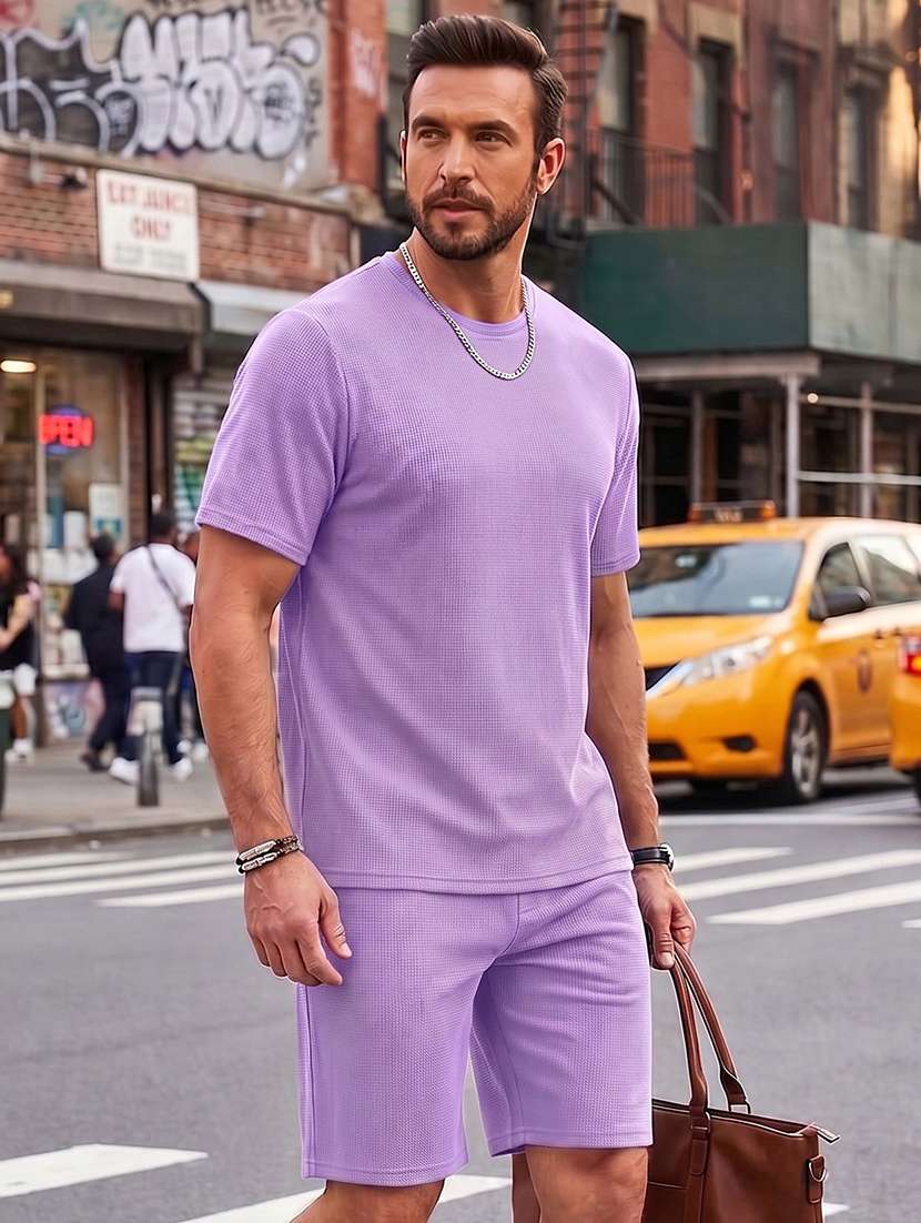 men textured short sleeves t-shirt and shorts co-ord set - 22570912 -  Standard Image - 2