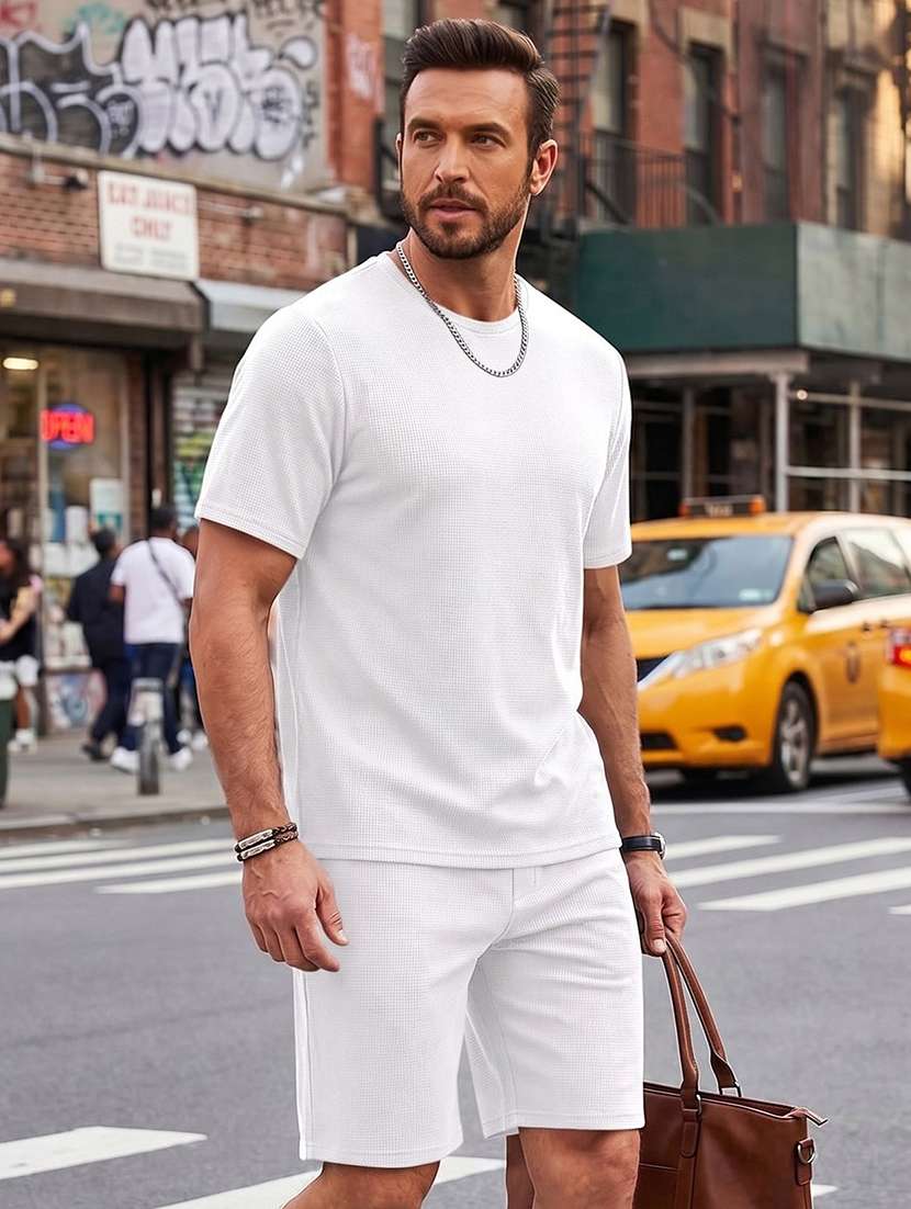 men textured short sleeves t-shirt and shorts co-ord set - 22570913 -  Standard Image - 2