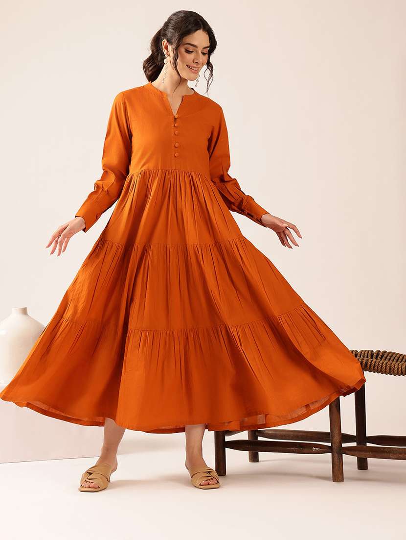 women solid long sleeves tiered dress