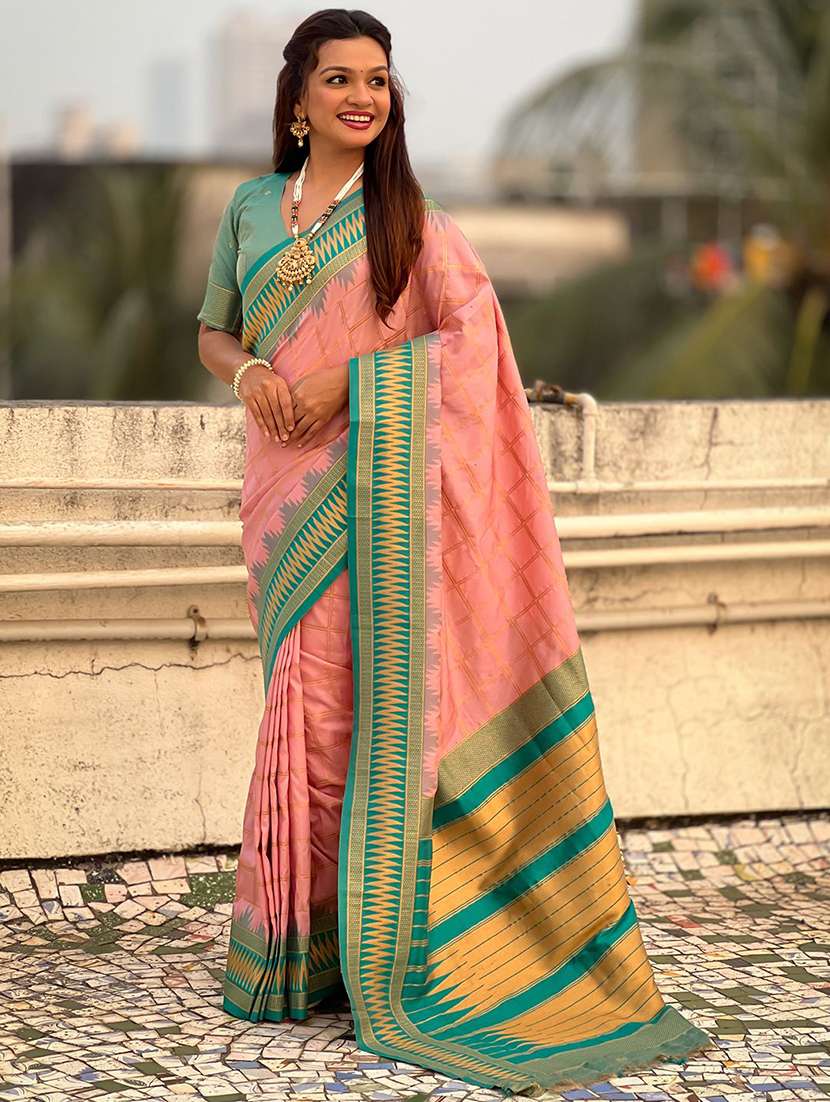 women checkered bordered saree with blouse - 22571699 -  Standard Image - 2