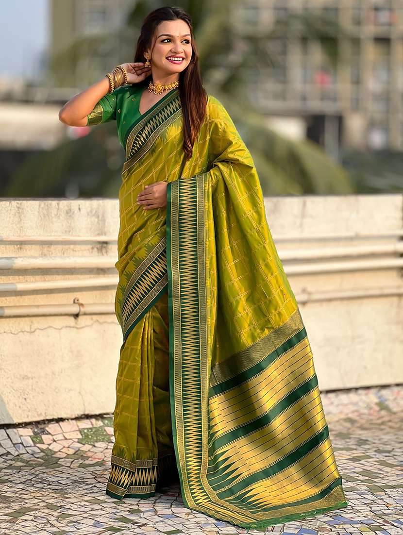 women checkered bordered saree with blouse - 22571702 -  Standard Image - 2