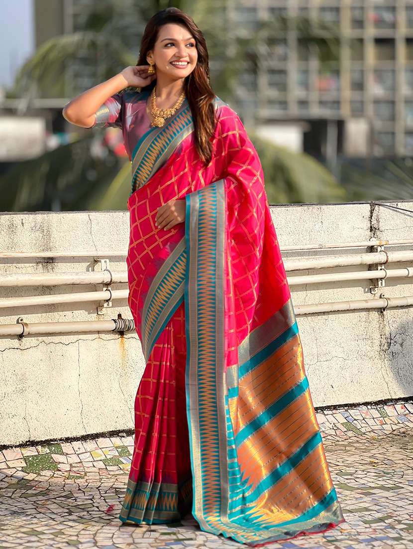 women checkered bordered saree with blouse - 22571704 -  Standard Image - 2