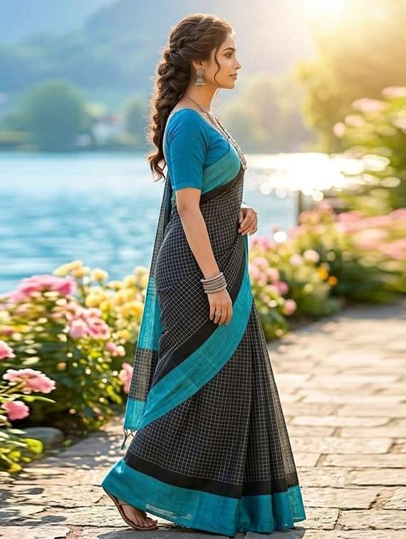 Women Checkered Handloom Saree With Blouse - 22572072 -  Standard Image - 2