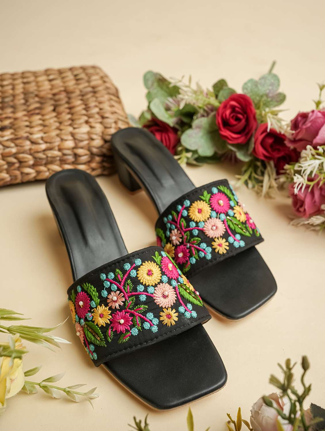 women embroidered slip on sandal