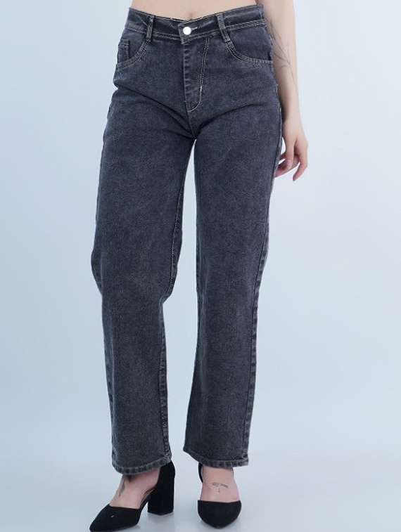 women washed mid rise straight jeans