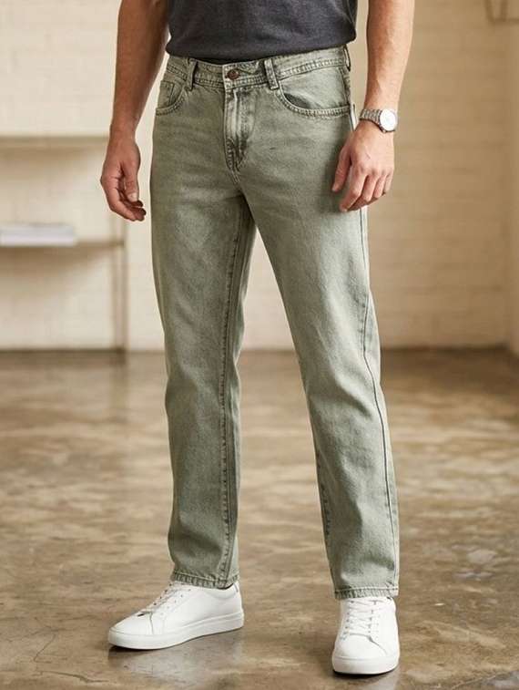 men washed mid rise straight jeans