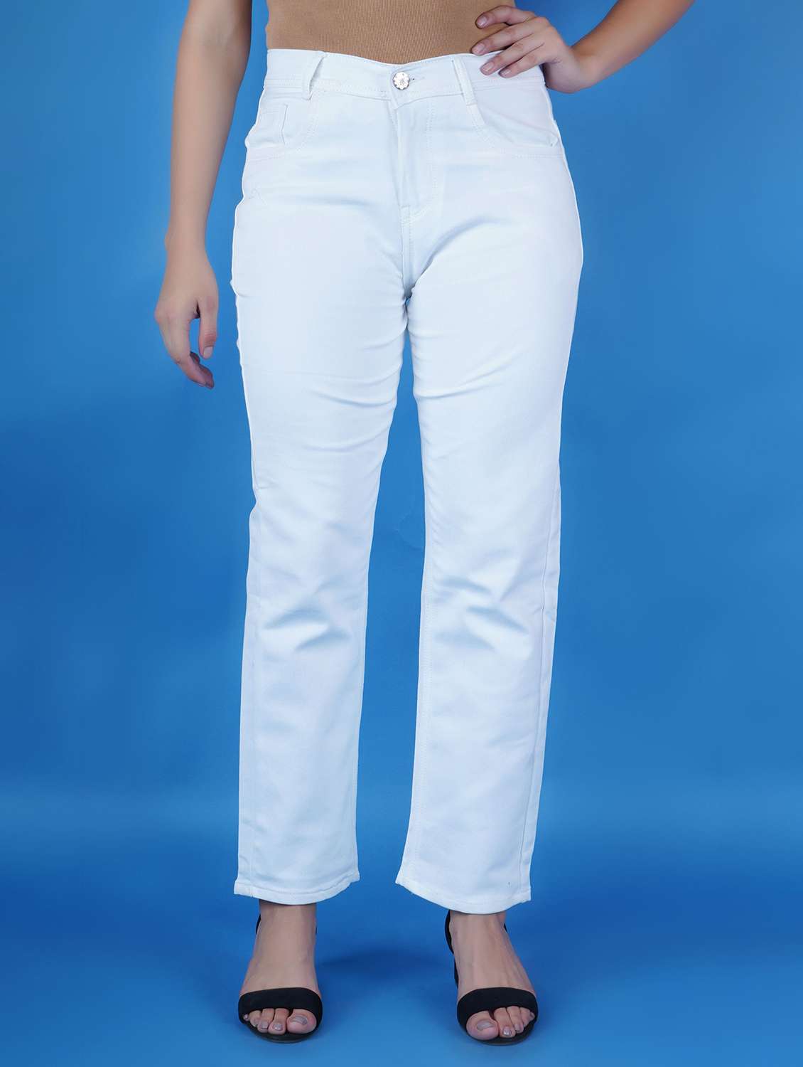 women solid high rise straight fit jeans