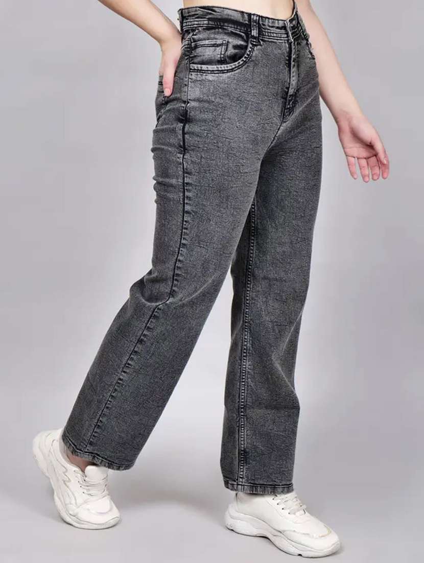 women washed high rise straight jeans