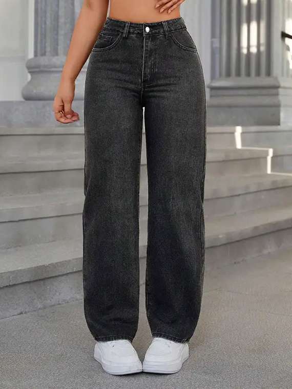 women washed high rise traight jeans