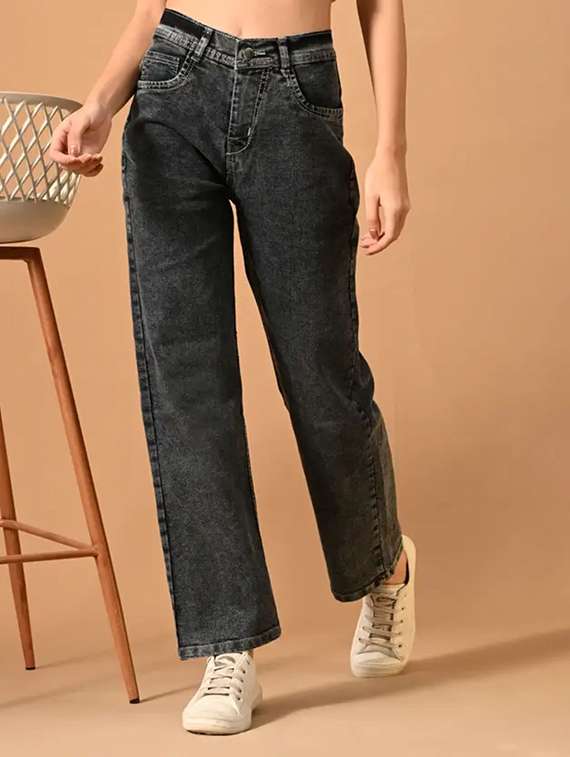 women washed mid rise straight jeans