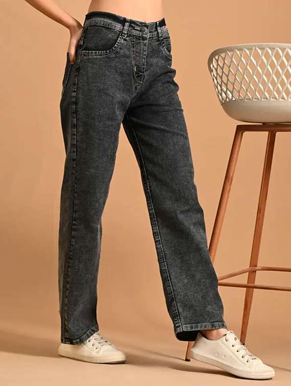 women washed mid rise straight jeans