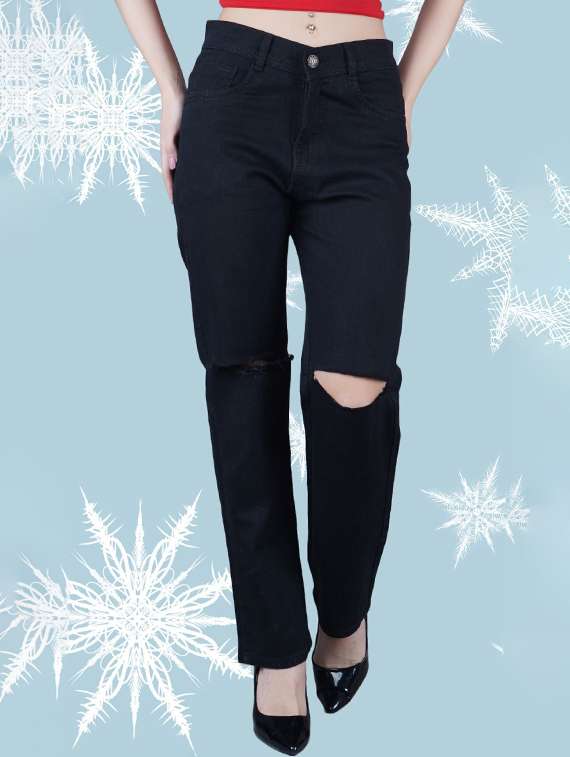 women slashed knee mid rise straight jeans