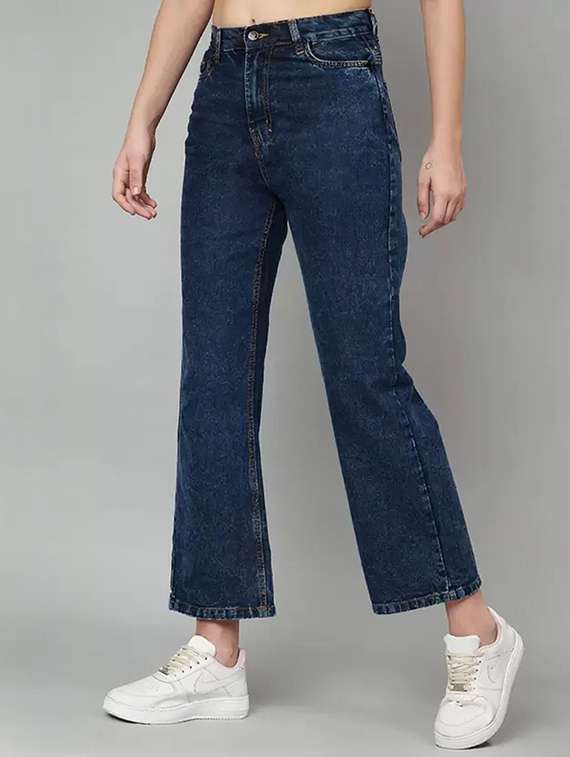 women washed mid rise straight jeans