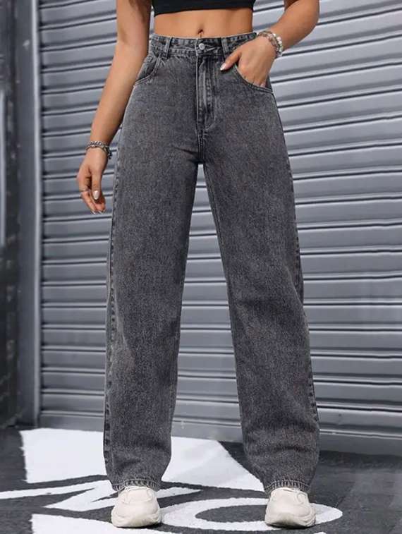 women washed mid rise straight jeans
