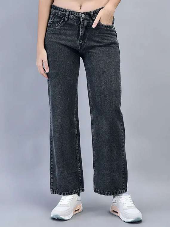 women washed mid rise straight jeans