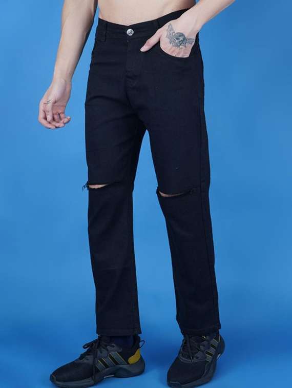 men solid slashed knee straight jeans