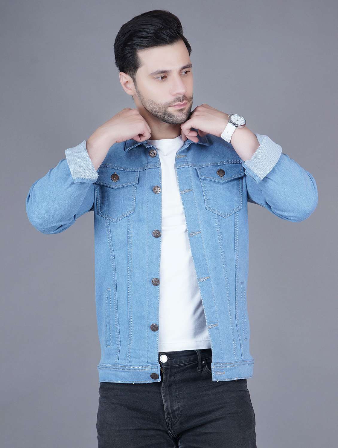 men solid long sleeves regular fit denim jacket
