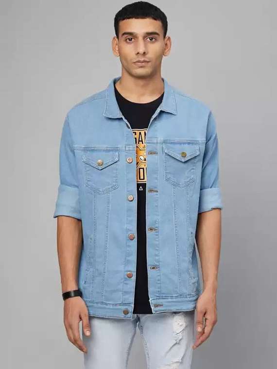 men solid long sleeves denim jacket