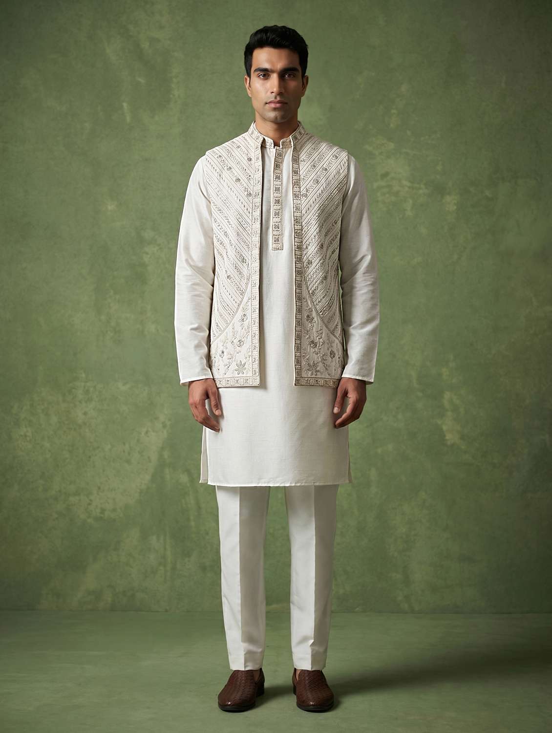Men Embroidered Long Sleeves Kurta Pyjama Set With Jacket - 22576296 -  Standard Image - 2