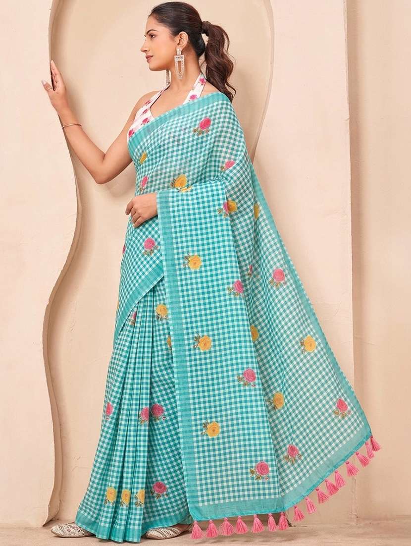 women checkered printed saree with blouse - 22576592 -  Standard Image - 2