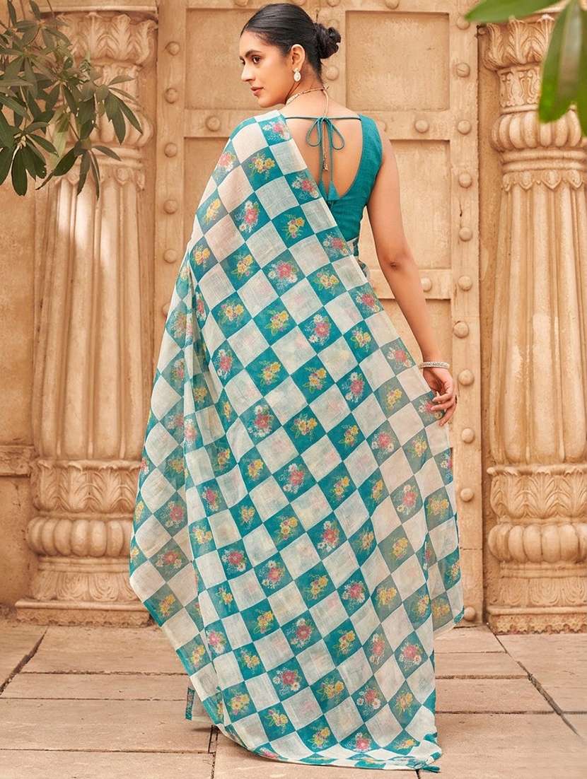 turquoise cotton blend printed saree with blouse - 22576599 -  Standard Image - 2