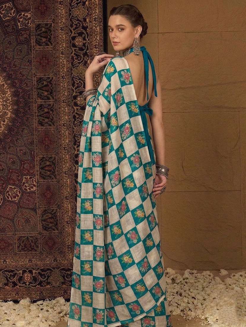 turquoise cotton blend printed saree with blouse - 22576607 -  Standard Image - 2