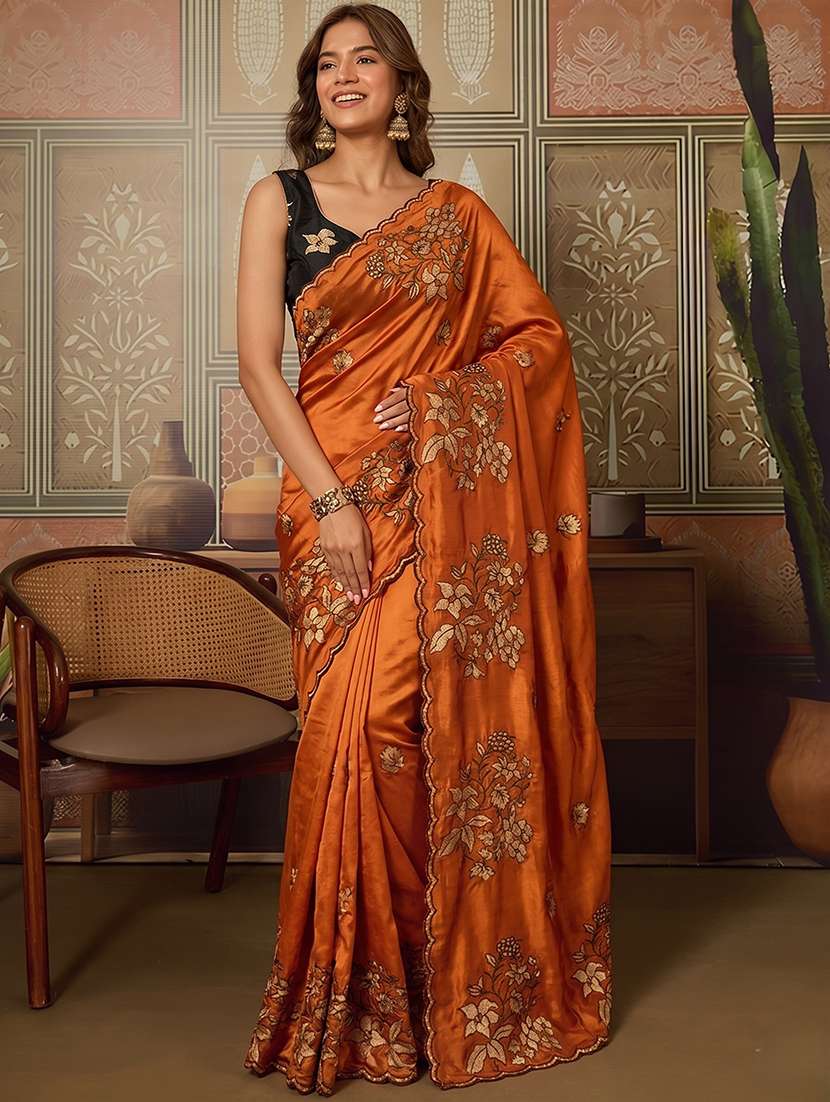 women solid with work embroidered saree with blouse