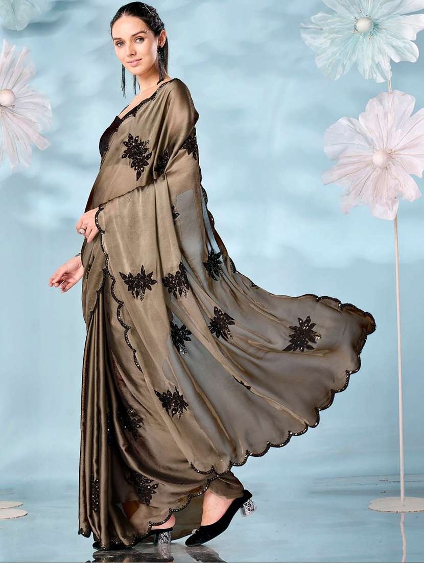 women solid with work embroidered saree with blouse