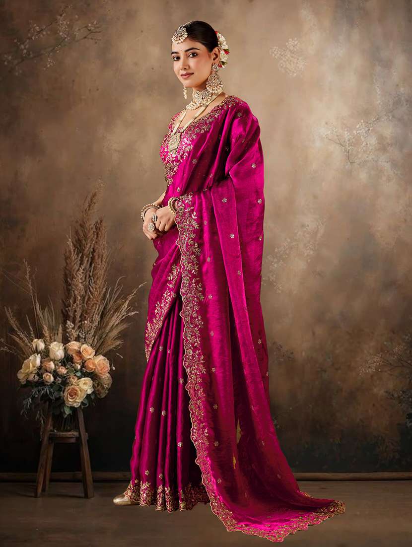 women solid with work embroidered saree with blouse