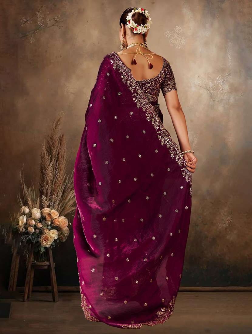 Women Solid With Work Embroidered Saree With Blouse - 22576770 -  Standard Image - 2