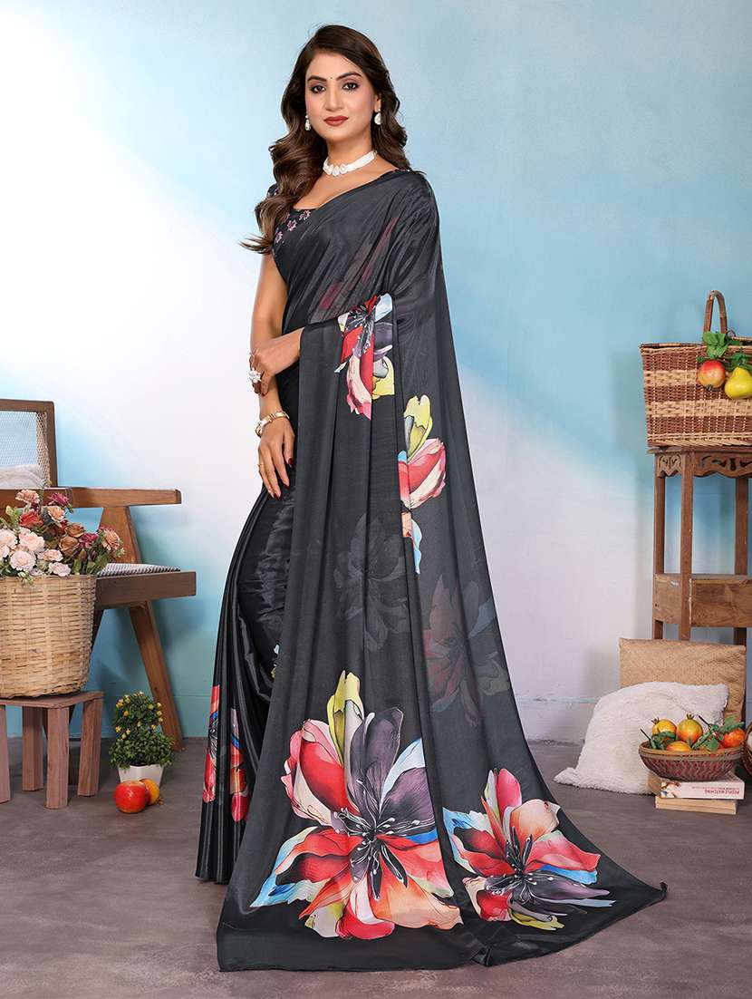 Black Silk Blend Printed Saree With Blouse - 22576863 -  Standard Image - 2