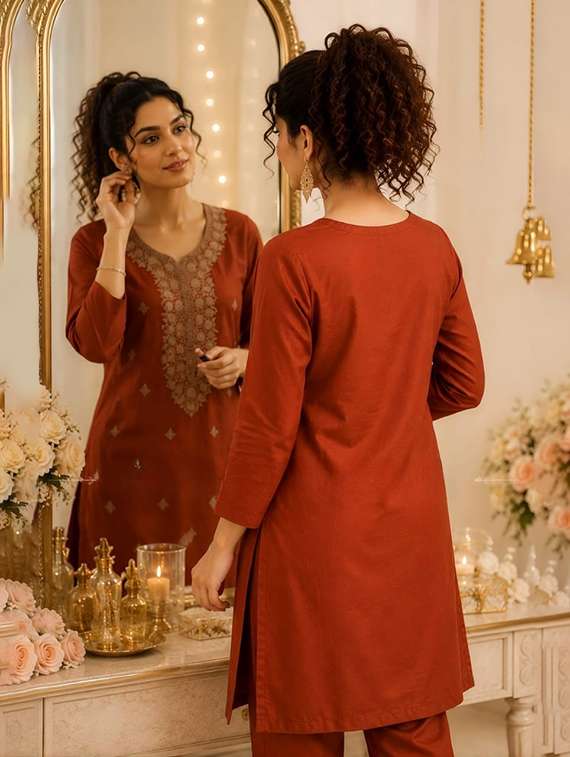 women embroidered three quarter sleeves kurta pant set - 22576900 -  Standard Image - 2