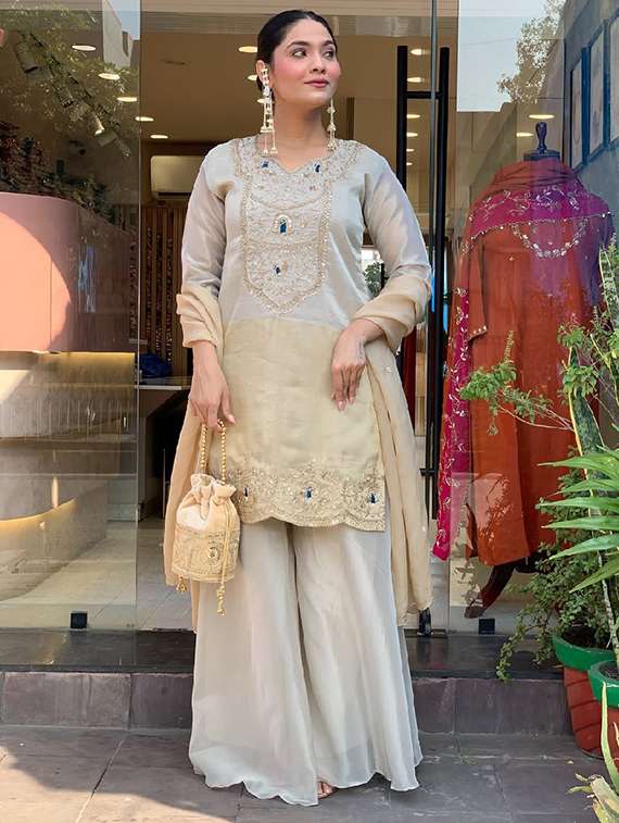women embroidered three quarter sleeves kurta palazzo set with dupatta
