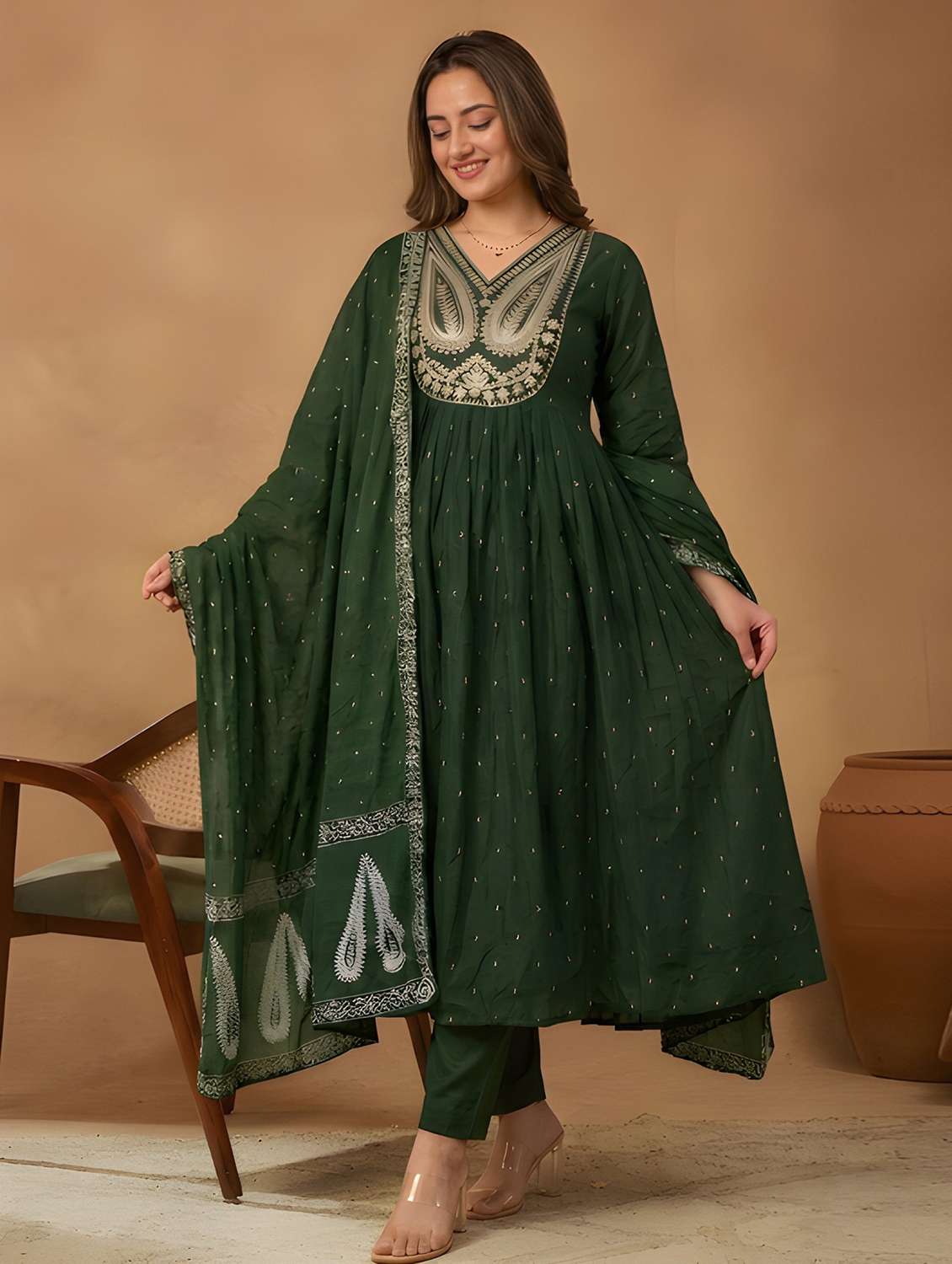 women embroidered three quarter sleeves kurta pant set with dupatta