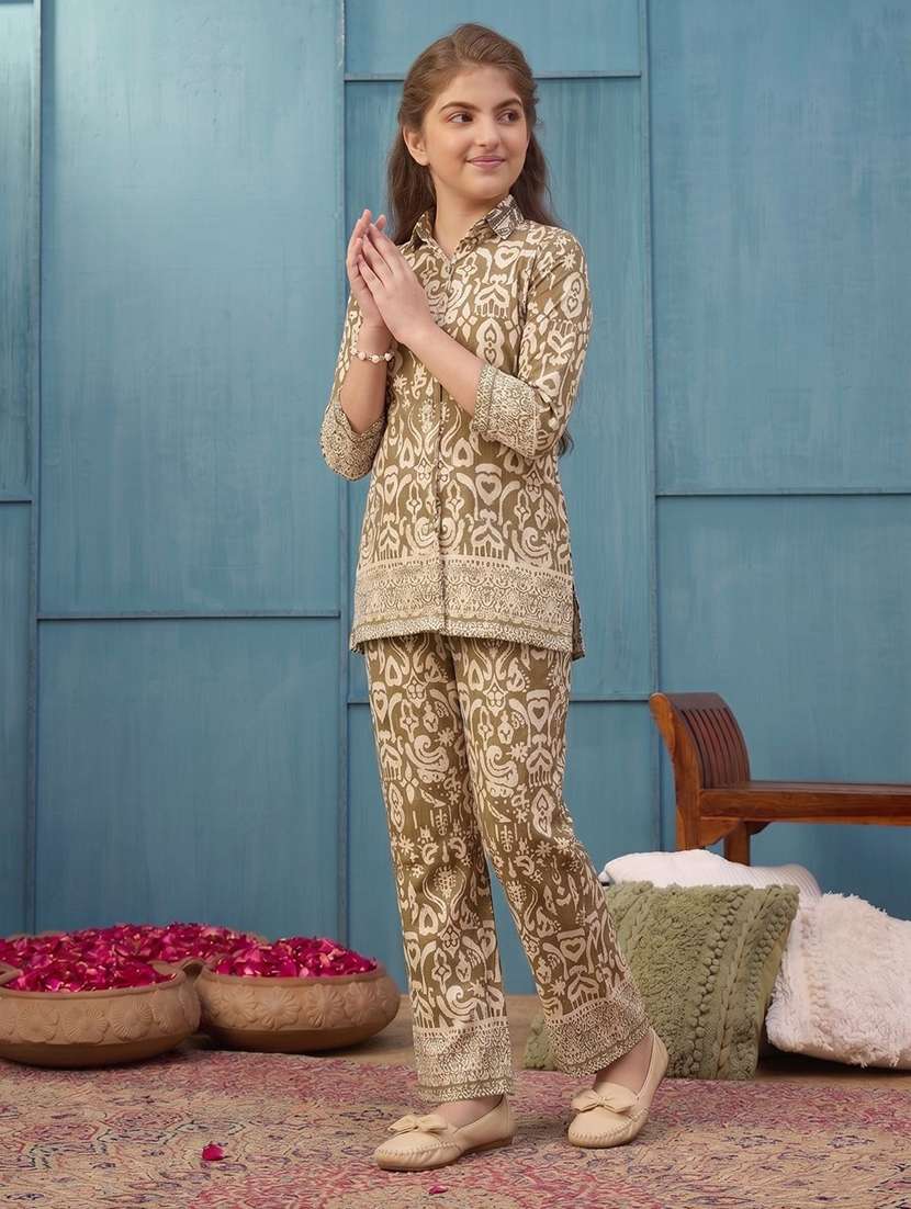 girls printed three quarter sleeves top and trouser co-ord set - 22576940 -  Standard Image - 2