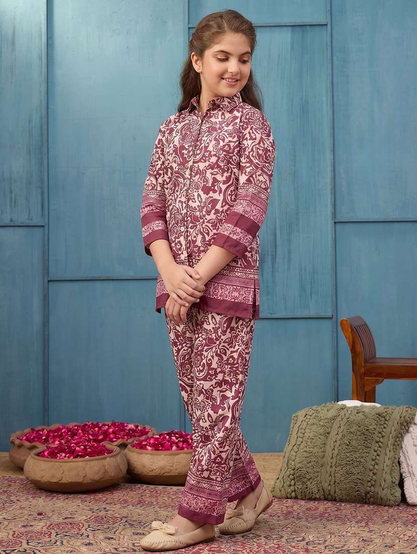girls printed three quarter sleeves top and trouser co-ord set - 22576941 -  Standard Image - 2