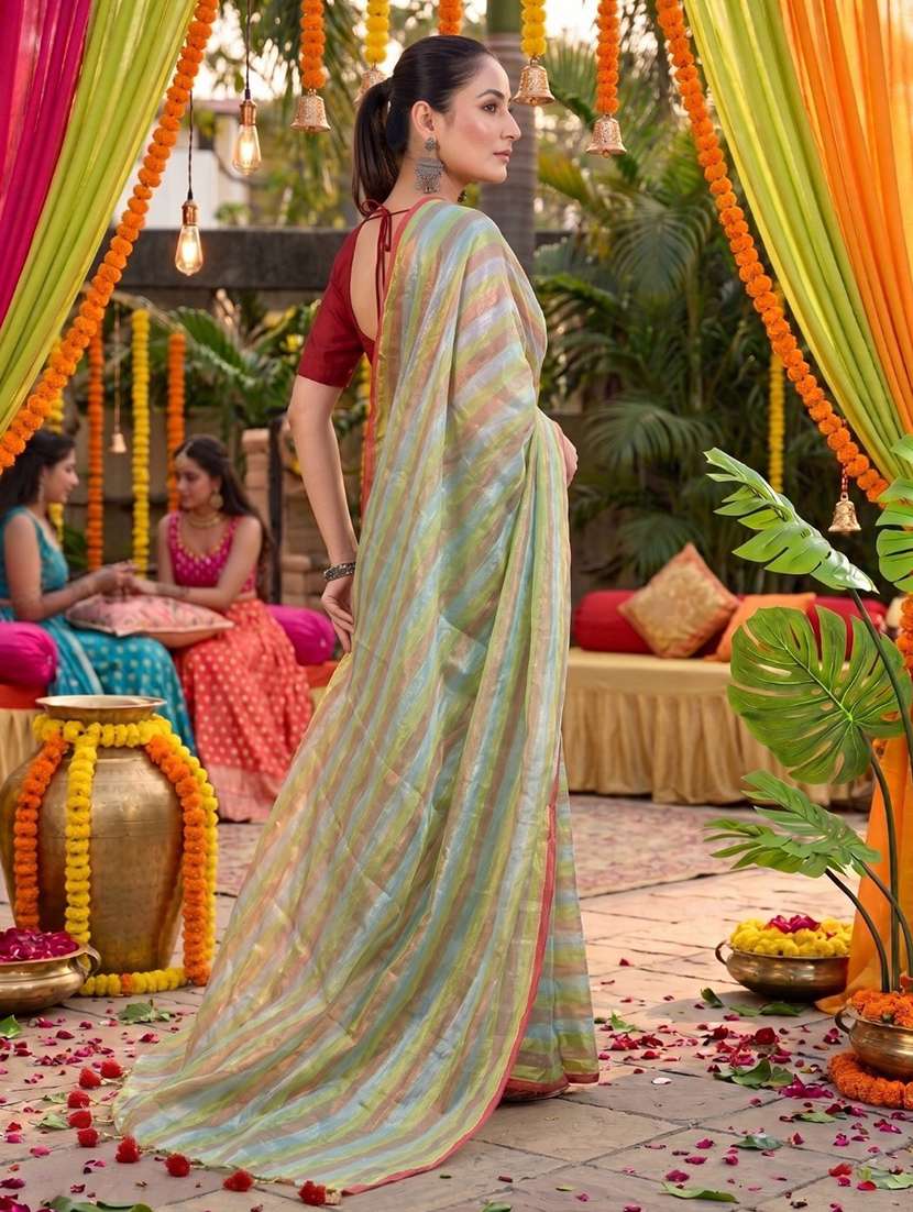 women striped printed saree with blouse - 22576966 -  Standard Image - 2