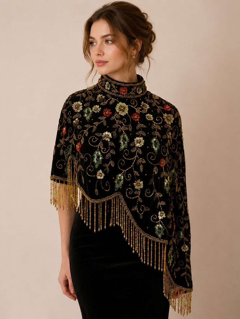 Women Embroidered High Neck Short Cape - 22576976 -  Standard Image - 2
