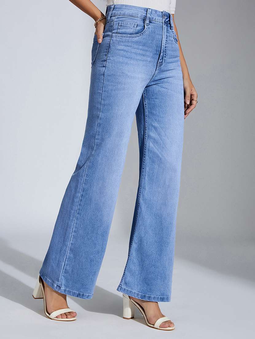 women washed high rise wide leg jeans