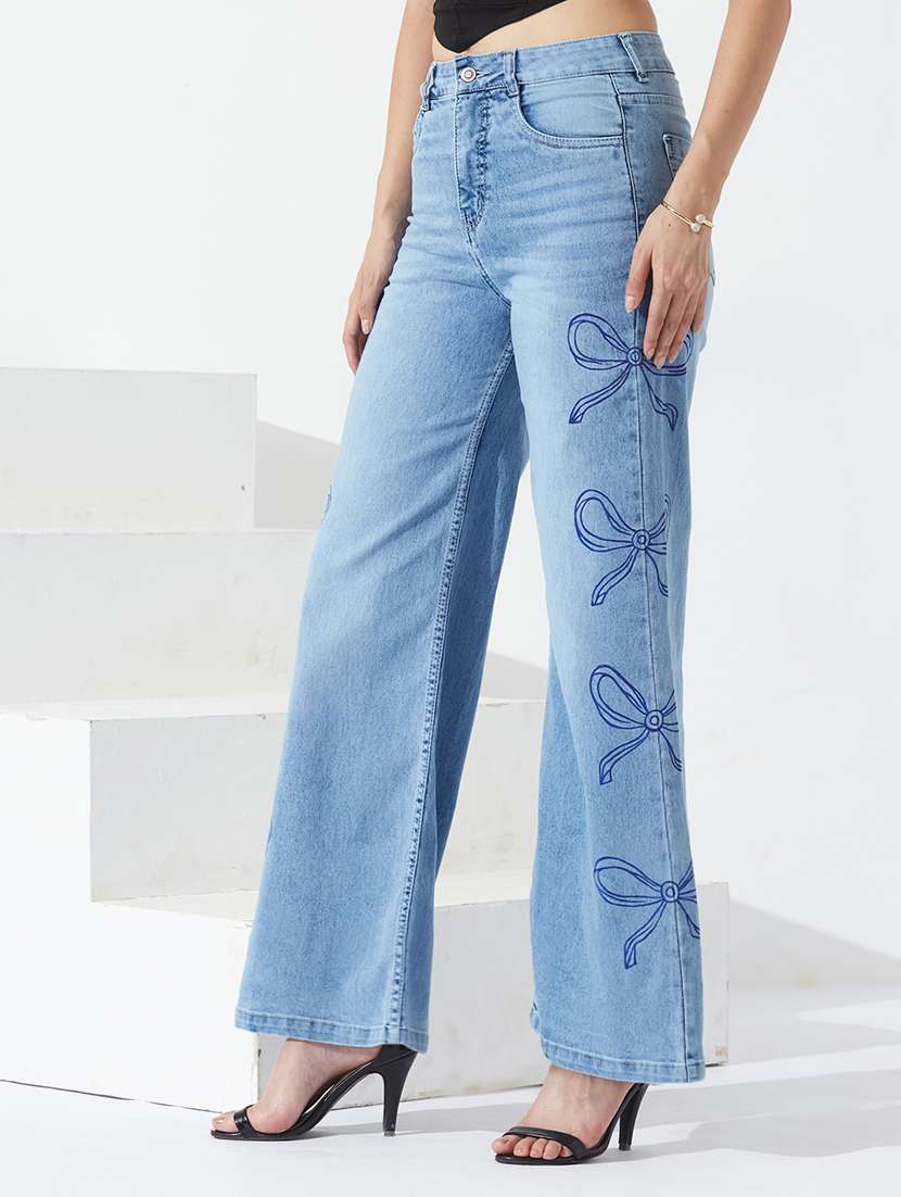 women printed high rise wide leg jeans
