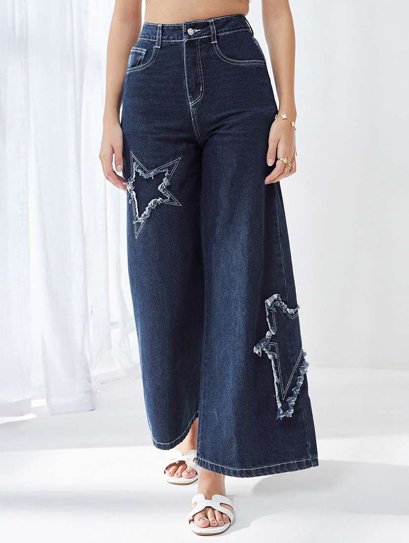 women distressed high rise wide leg jeans