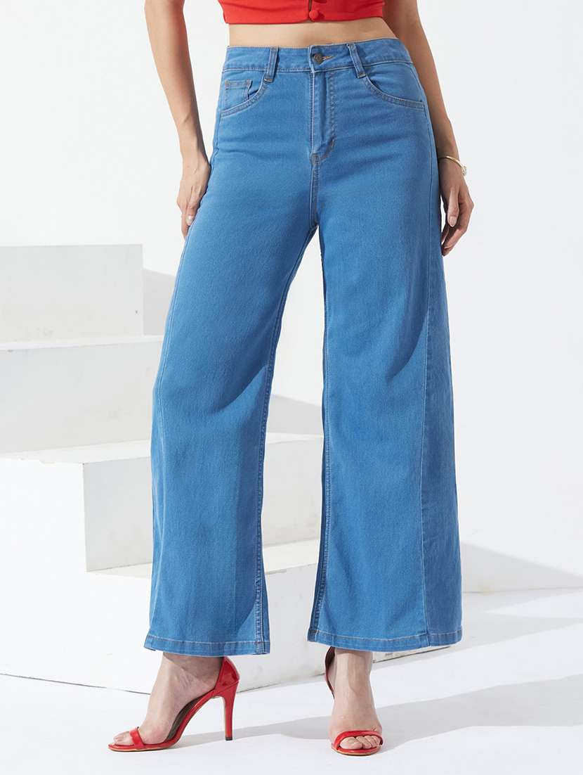 women solid high rise wide leg jeans