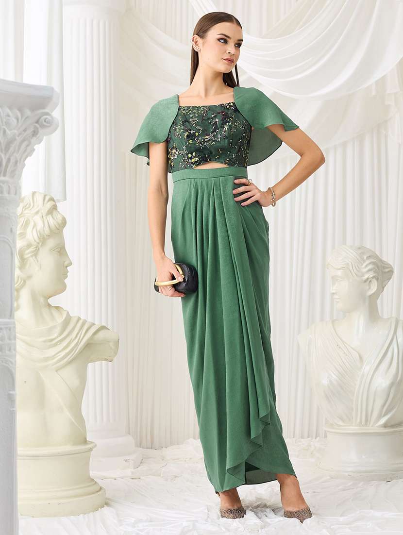 women embroidered cape sleeves asymmetric dress