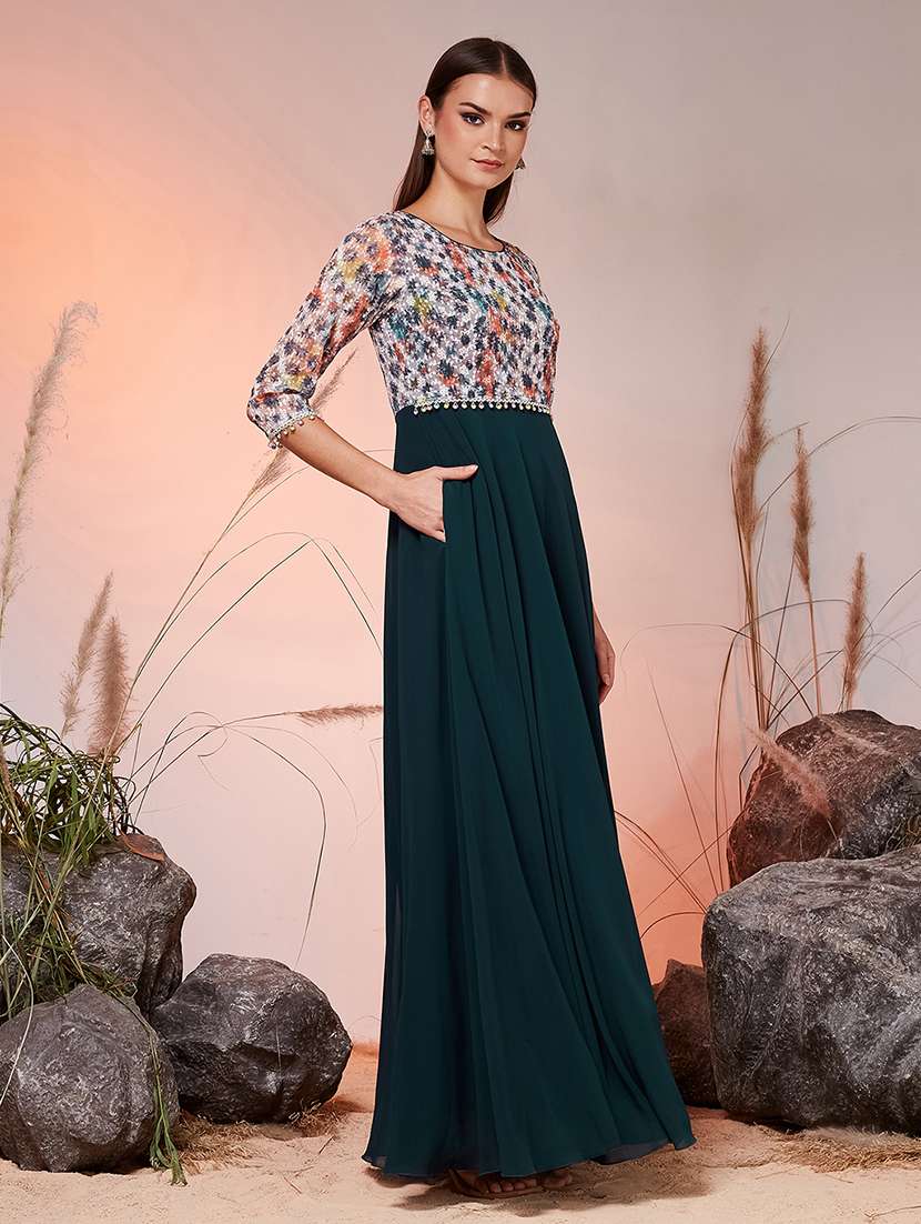 women printed three quarter sleeves fit and flare gown - 22577126 -  Standard Image - 2